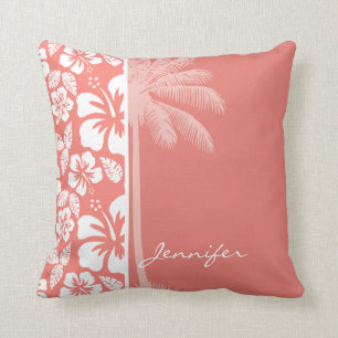 Koraal Roze Tropische Hibiscus; Zomerpalm Kussen