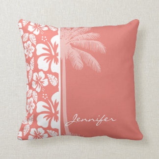 Koraal Roze Tropische Hibiscus; Zomerpalm Kussen