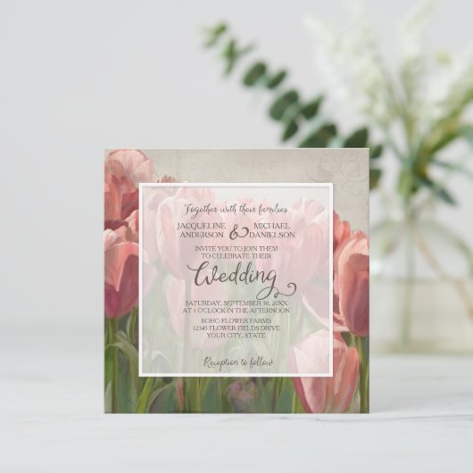 Koraal Roze Tulp Lente Bruiloft Hout Houten Rustie Kaart (Staand voorkant)