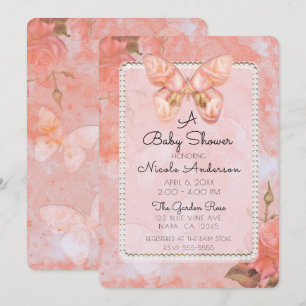 Koraal Roze Vintage Vlinder Roos Baby Shower Kaart