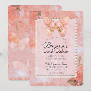 Koraal Roze Vintage Vlinder Roos Sweet 16 Feest Kaart