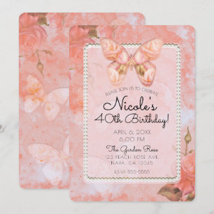 Koraal Roze Vintage Vlinder Roos Verjaardagsfeest Kaart