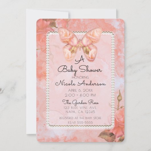Koraal Roze  Vlinder Roos Baby shower Kaart (Voorkant)