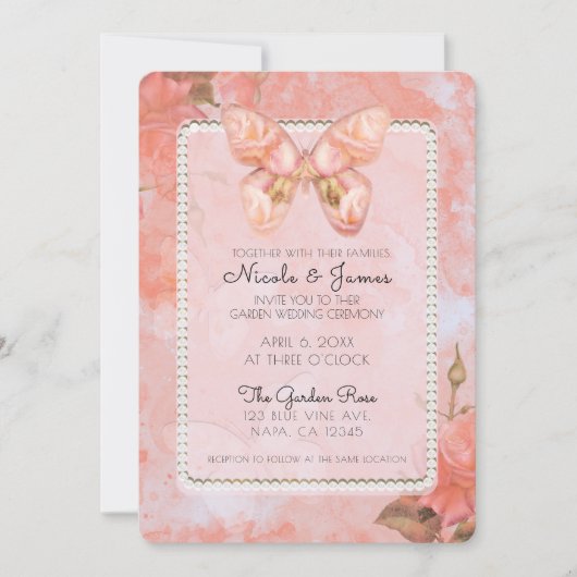 Koraal Roze  Vlinder Roos Elegante bruiloft Kaart (Voorkant)