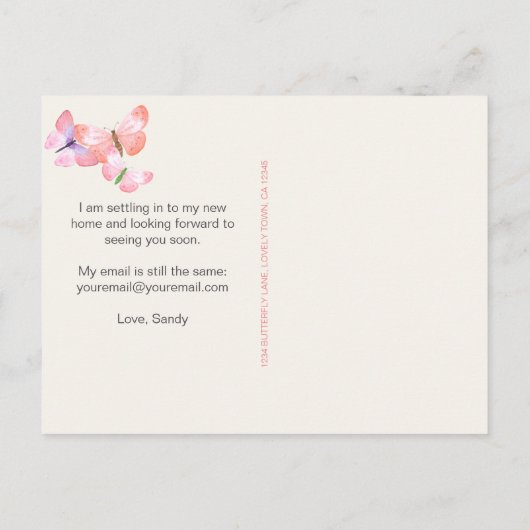 Koraal roze vlinders mijn nieuwe adres aankondigingskaart (Achterkant)