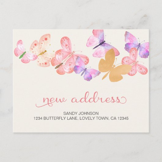Koraal roze vlinders mijn nieuwe adres aankondigingskaart (Voorkant)