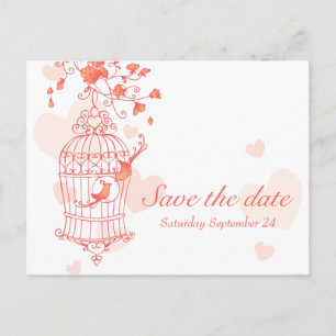 Koraal roze vogelkooi bruiloft save the date kaart