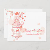 Koraal roze vogelkooi bruiloft save the date kaart (Voorkant / Achterkant)