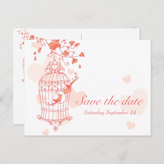 Koraal roze vogelkooi bruiloft save the date kaart (Voorkant / Achterkant)