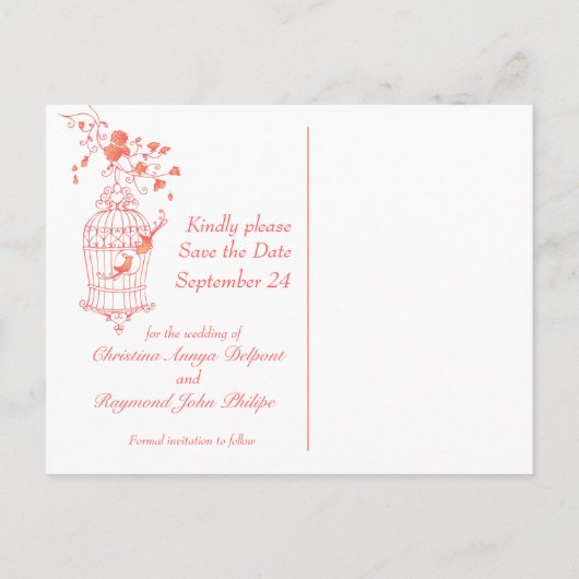 Koraal roze vogelkooi bruiloft save the date kaart (Achterkant)
