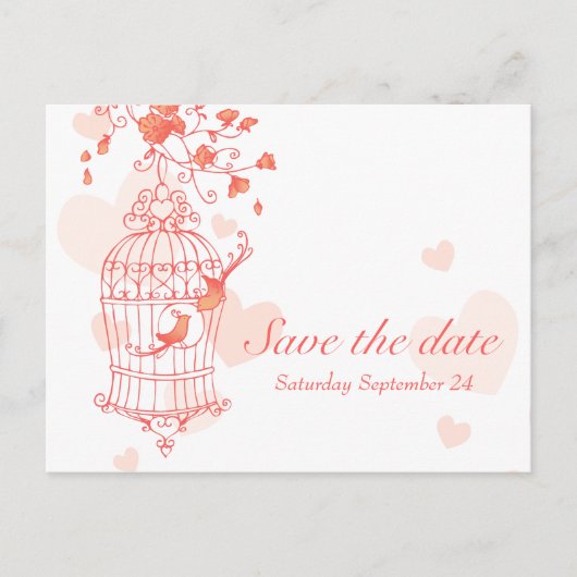 Koraal roze vogelkooi bruiloft save the date kaart (Voorkant)