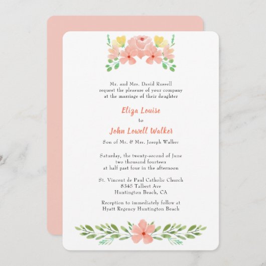 Koraal Roze Waterverf Bloemen Bruiloft Elegant Kaart (Voorkant / Achterkant)