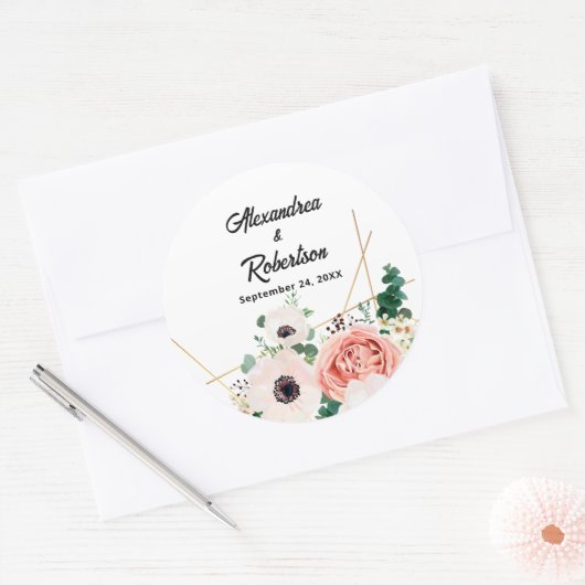 Koraal Roze Waterverf Bloemen Huwelijk Custom Ronde Sticker (Envelop)