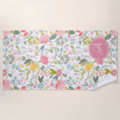 Koraal Roze Waterverf Bloemen Patroon Monogram Naa Strandlaken (Voorkant)