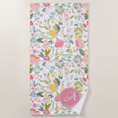 Koraal Roze Waterverf Bloemen Patroon Monogram Naa Strandlaken (Voorkant)