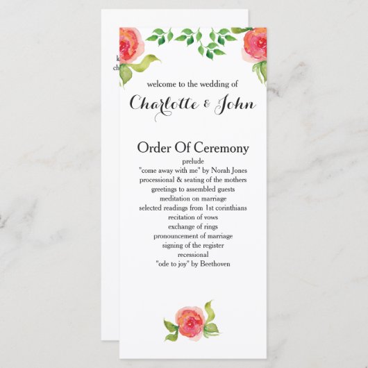 Koraal Roze waterverf Bloemen Trouwprogramma's Programmakaart (Voorkant / Achterkant)