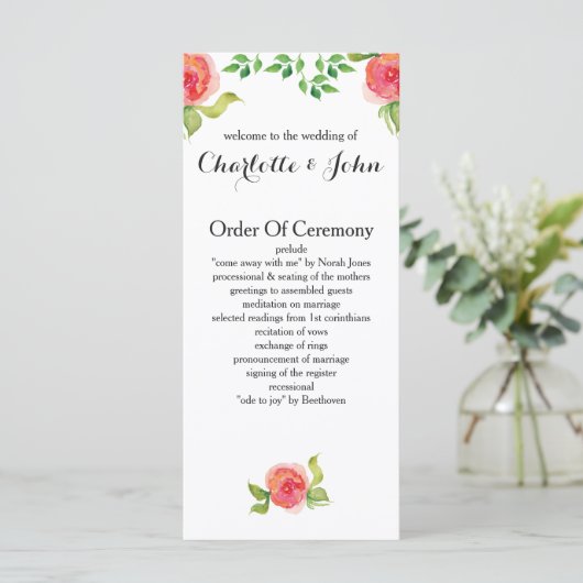 Koraal Roze waterverf Bloemen Trouwprogramma's Programmakaart (Staand voorkant)