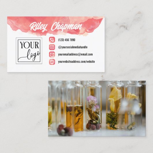 Koraal Roze Waterverf Iconen Voeg Logo en foto toe Visitekaartje (Voorkant / Achterkant)