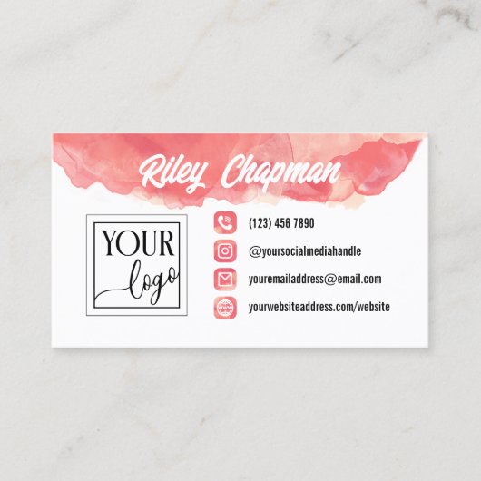 Koraal Roze Waterverf Iconen Voeg Logo en foto toe Visitekaartje (Voorkant)