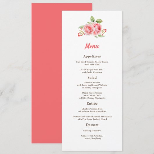 Koraal Roze Waterverf Rozen Bruiloft Menu Kaart (Voorkant / Achterkant)