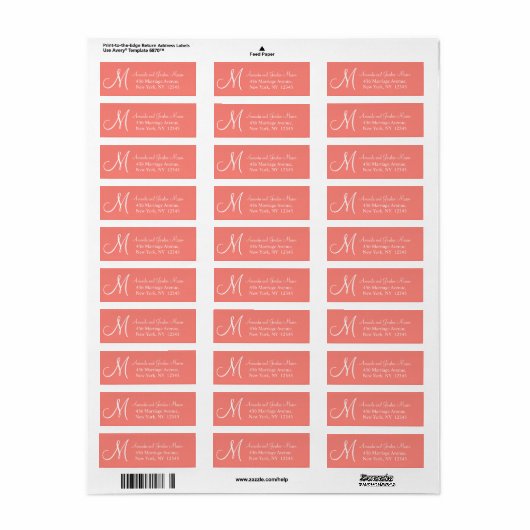 Koraal Roze Wit Monogram Bruiloft Adres Label (Full Sheet)