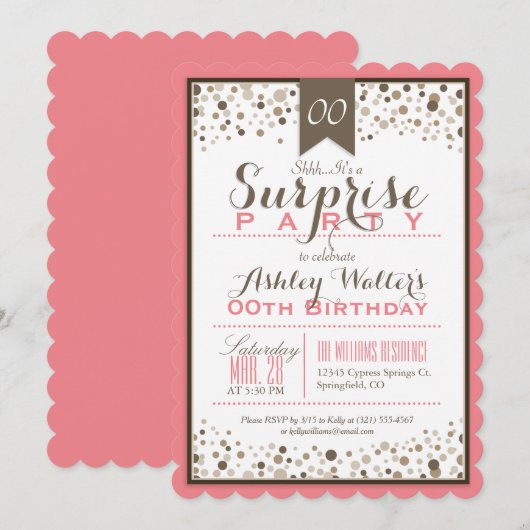 Koraal Roze, Wit, Taupe Surprise Party Kaart (Voorkant / Achterkant)