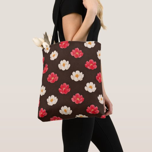 Koraal Roze Witte Bloemmotief Tote Bag (Dichtbij)