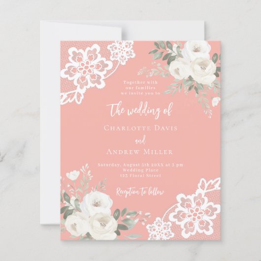 Koraal roze witte kant bruiloft uitnodiging (Voorkant)