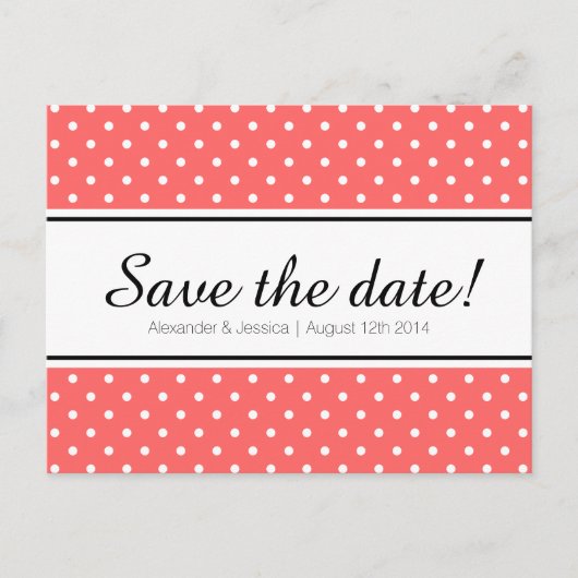Koraal roze & witte polkadot Sla de datum briefkaa Aankondigingskaart (Voorkant)