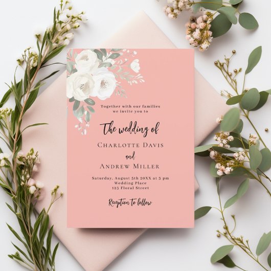 Koraal roze witte rozen bloemen bruiloft kaart