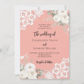 Koraal roze witte rozen kant bruiloft kaart (Voorkant)