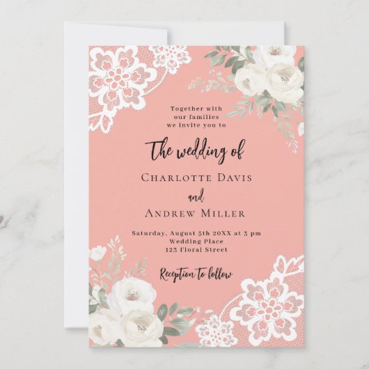 Koraal roze witte rozen kant bruiloft kaart (Voorkant)