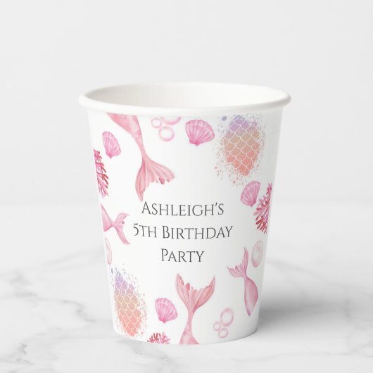 Koraal Roze Zeemeermin Thema Verjaardagsfeest Papieren Bekers (Voorkant)