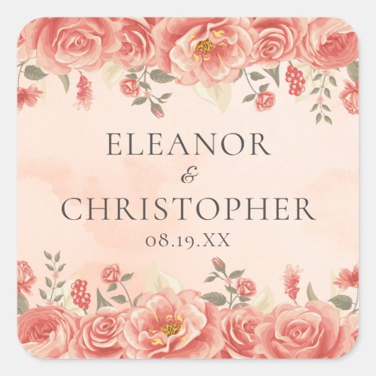 Koraal Rozen Chique Perzik Waterverf Bloemen Bruil Vierkante Sticker (Voorkant)