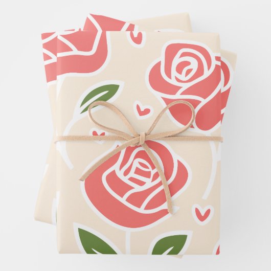 Koraal Rozen en groene bladeren met hart accenten Inpakpapier Vel (In situ)