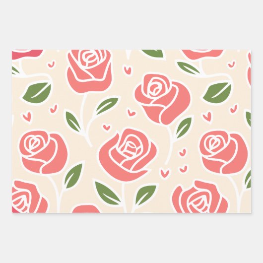 Koraal Rozen en groene bladeren met hart accenten Inpakpapier Vel (Voorkant)