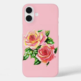 Koraal Rozen met Jade Groene Bladeren iPhone 16 Plus Hoesje