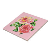 Koraal Rozen met Jade Groene Bladeren Tegeltje (Zijkant)