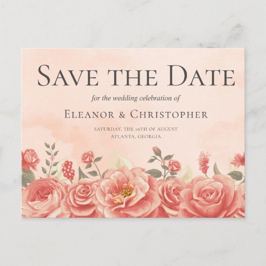 Koraal Rozen Romantische Perzik Bloemen Save the D Aankondigingskaart (Voorkant)