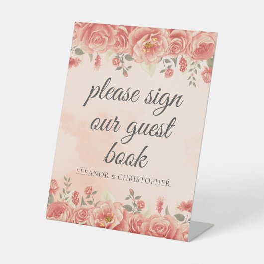  Koraal Rozen Waterverf Bruiloft Gastenboek Reclamebord Met Voetstuk (Voorkant)