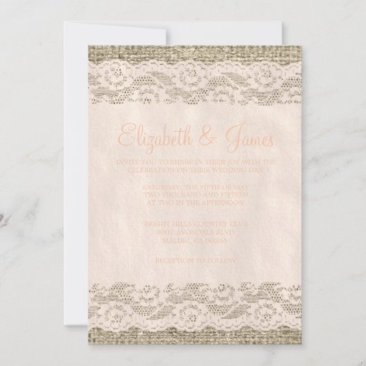 Koraal Rustic Lace & Barn Wood Wedding Invitations Kaart (Voorkant)
