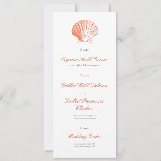 Koraal Schelp Trouwreceptie Diner Menu Kaart (Voorkant)