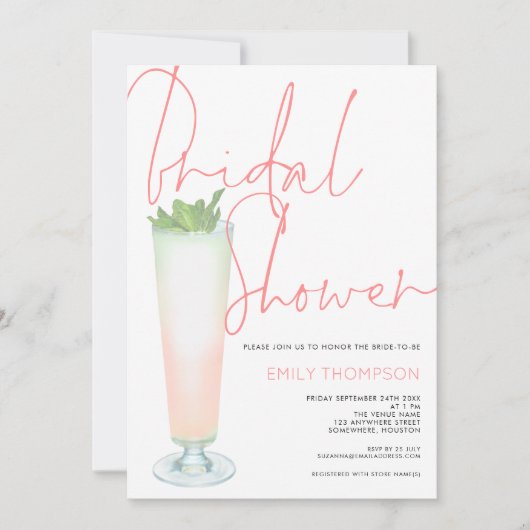 Koraal Script Cocktail Bruids Douche Uitnodiging (Voorkant)
