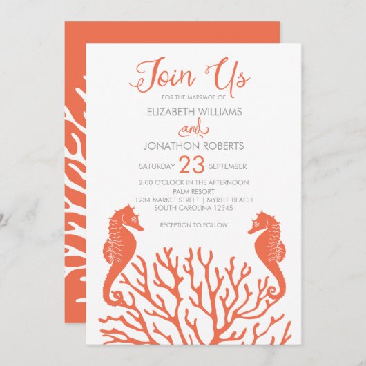 Koraal Seahorse bruiloft uitnodigen Kaart (Voorkant / Achterkant)