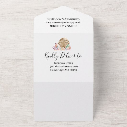 Koraal & Seashell strand bruiloft All In One Uitnodiging (Buitenkant)