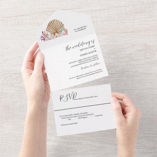 Koraal & Seashell strand bruiloft All In One Uitnodiging (Afscheurbaar)