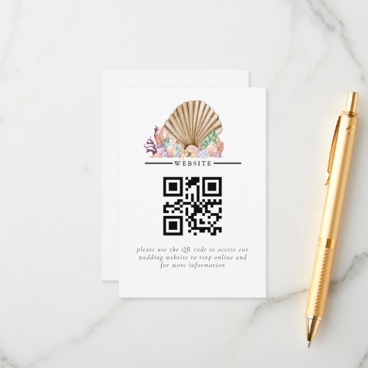 Koraal & Seashell strand bruiloft Informatiekaartje (Voorkant / Achterkant in situ)