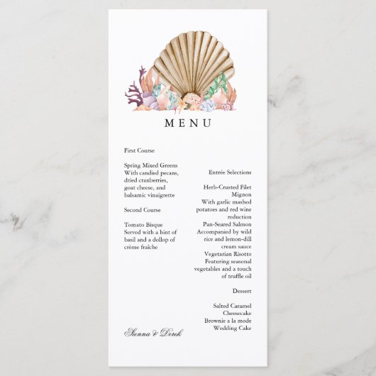 Koraal & Seashell strand bruiloft Menu (Voorkant)