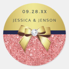 Koraal Sequins Goud Navy Diamanten Bow Bruiloft Ronde Sticker