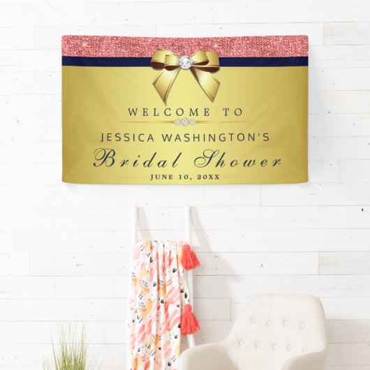 Koraal Sequins Navy Gold Diamonds Bow Vrijgezellen Spandoek (Insitu)